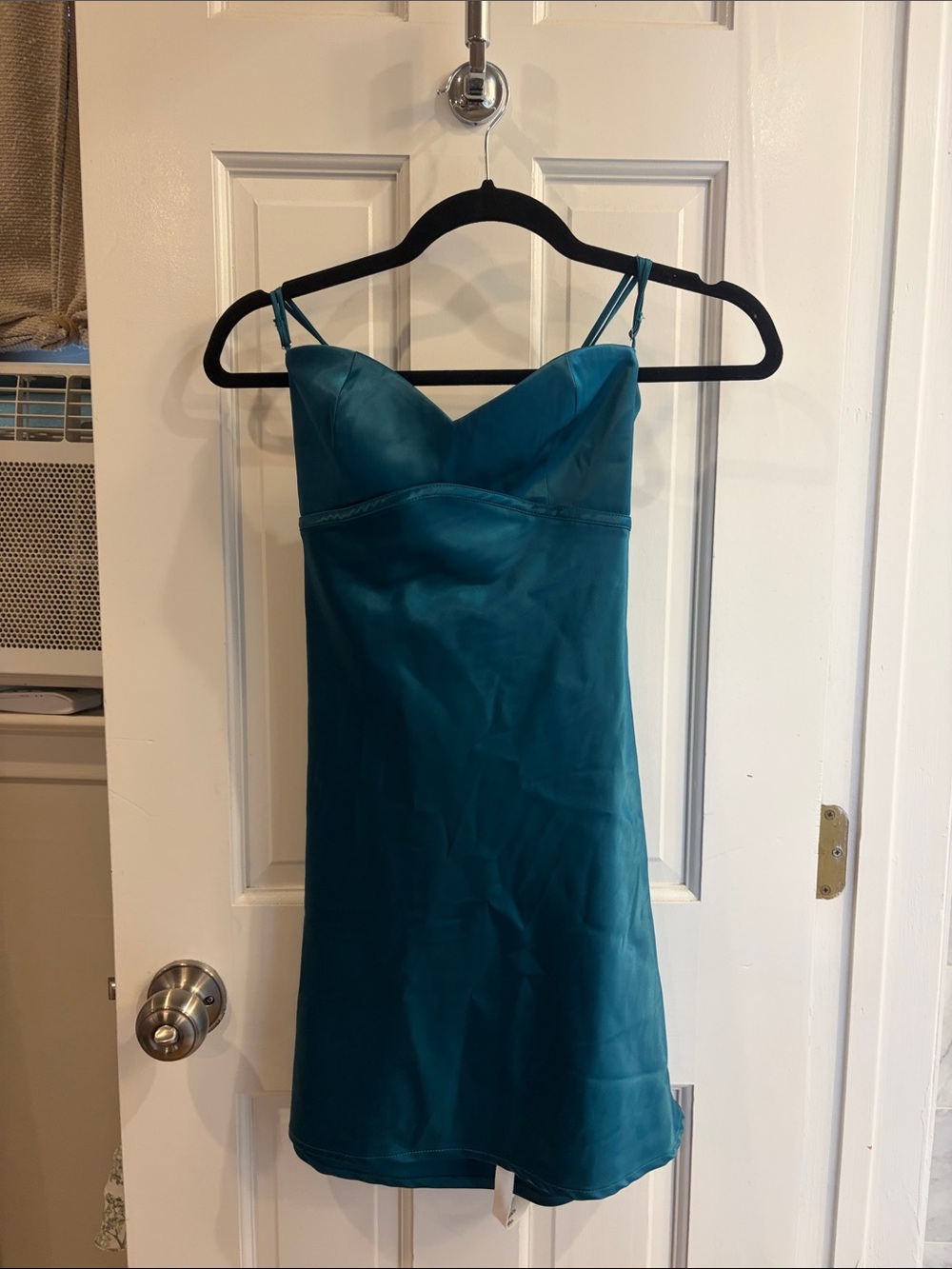 Lucy in the Sky Teal Satin Spaghetti-Strap Mini Dress
